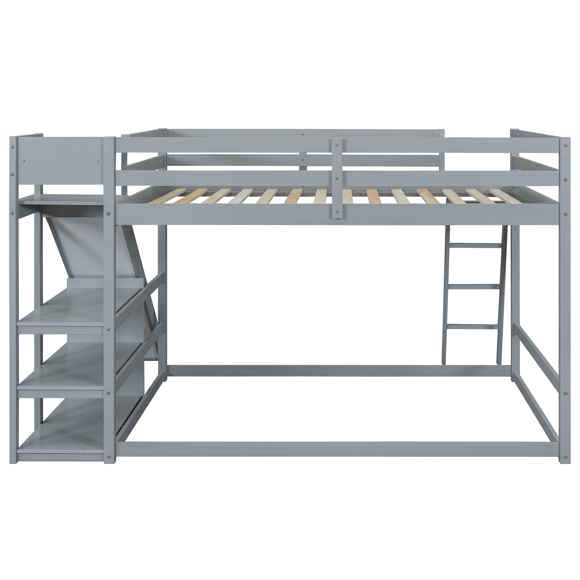 Euroco Wood Full over Full Bunk Bed with Slide and Ladder, 3-Tier Shelf for Kids Teens Bedroom, Gray