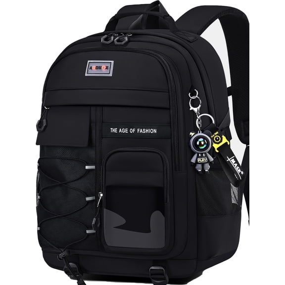 Ficcug School Backpack for 15.6" Laptop,Fashion Waterproof School Bag for Boys Girls Women Men Teens,Middle / High / College Bookbags,Black