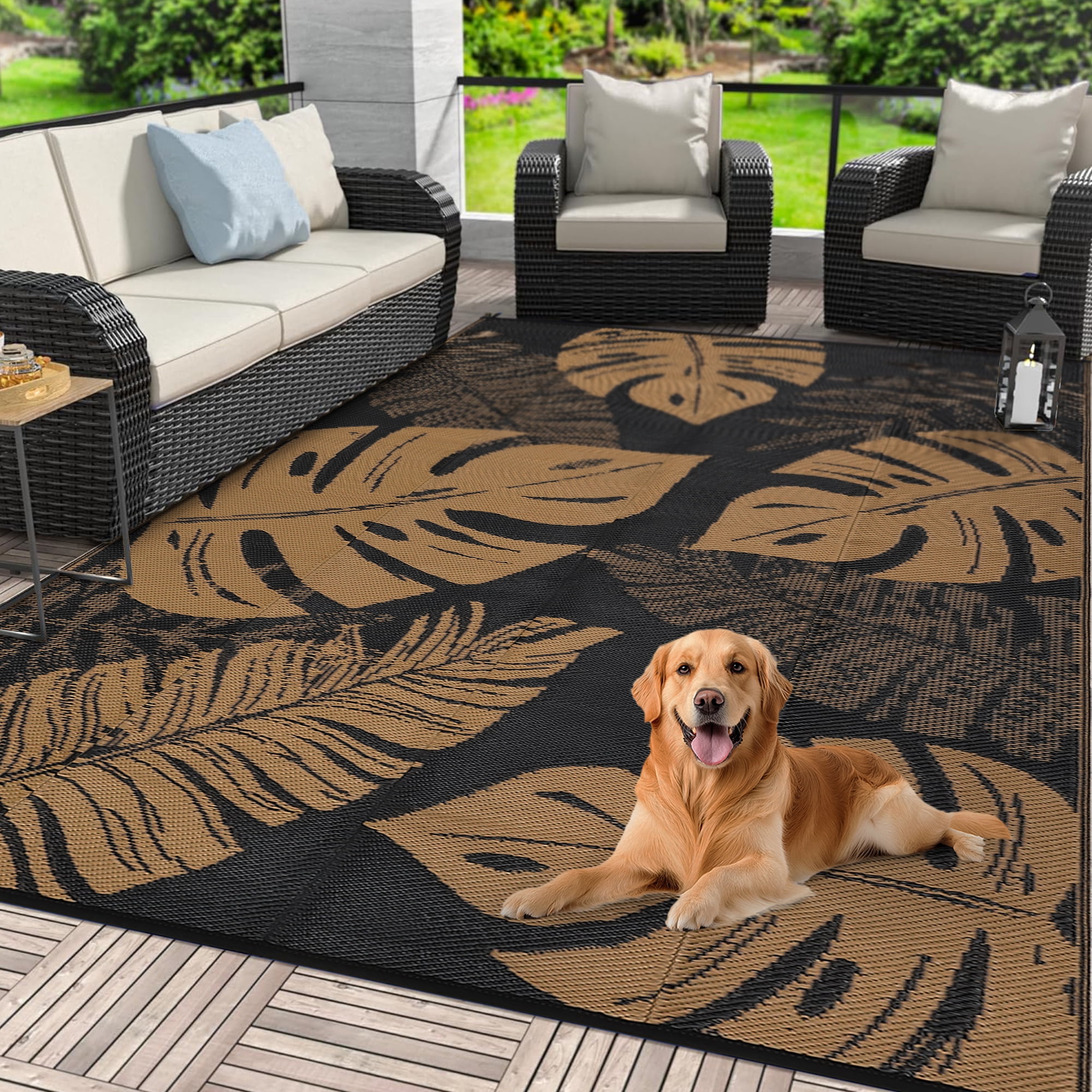 Tzou Waterproof Reversible Outdoor Rug 9 x 18ft Tropical Palm Design, Portable Camping Mat w/Carry Bag & Stakes