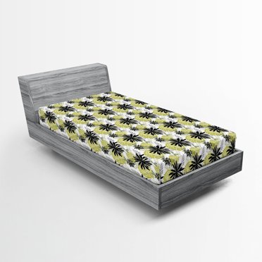 Ambesonne Modern Fitted Sheet, Flourishing Flowers Art, Twin XL Size, Grey Black Pale Green