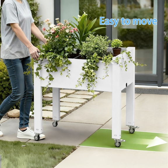 MINDYES Outdoor Raised Garden Bed with Wheels, 53L Planter Box with Water Storage, for Vegetables, Flowers
