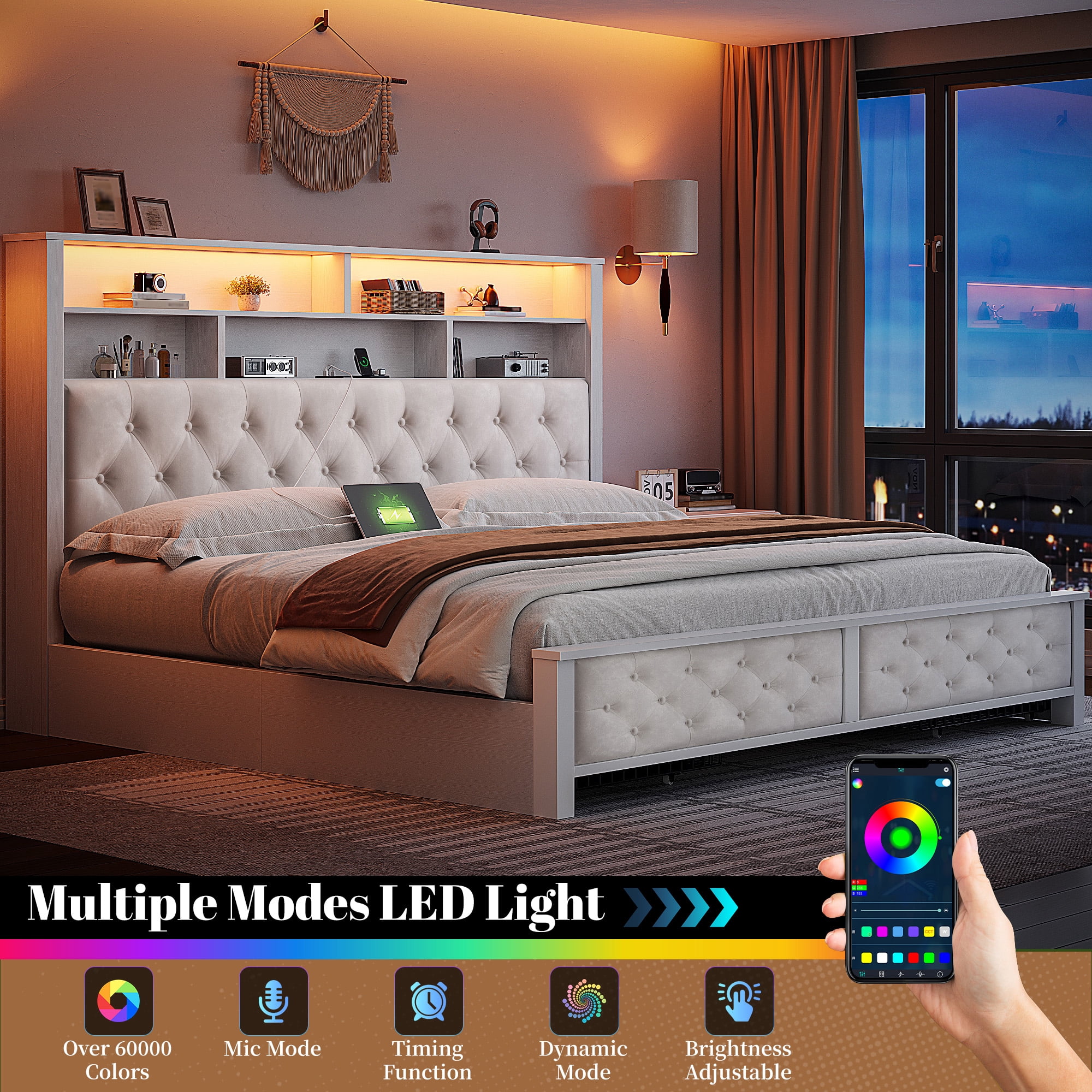 EnHomee King Bed Frame with 4 Storage Drawers Upholstered Platform Bed Frame with Headboard and Storage & Charge Station & LED Lights