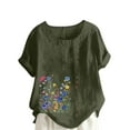 thumbnail image 2 of Spring Fashion Womens Tops under $5 Summer Cotton Linen Floral Print Short Sleeve Button Plus Size Shirts Blouses for Women $5 Workout Casual Tunic Tops Casual 2025 Green XXXXL, 2 of 5