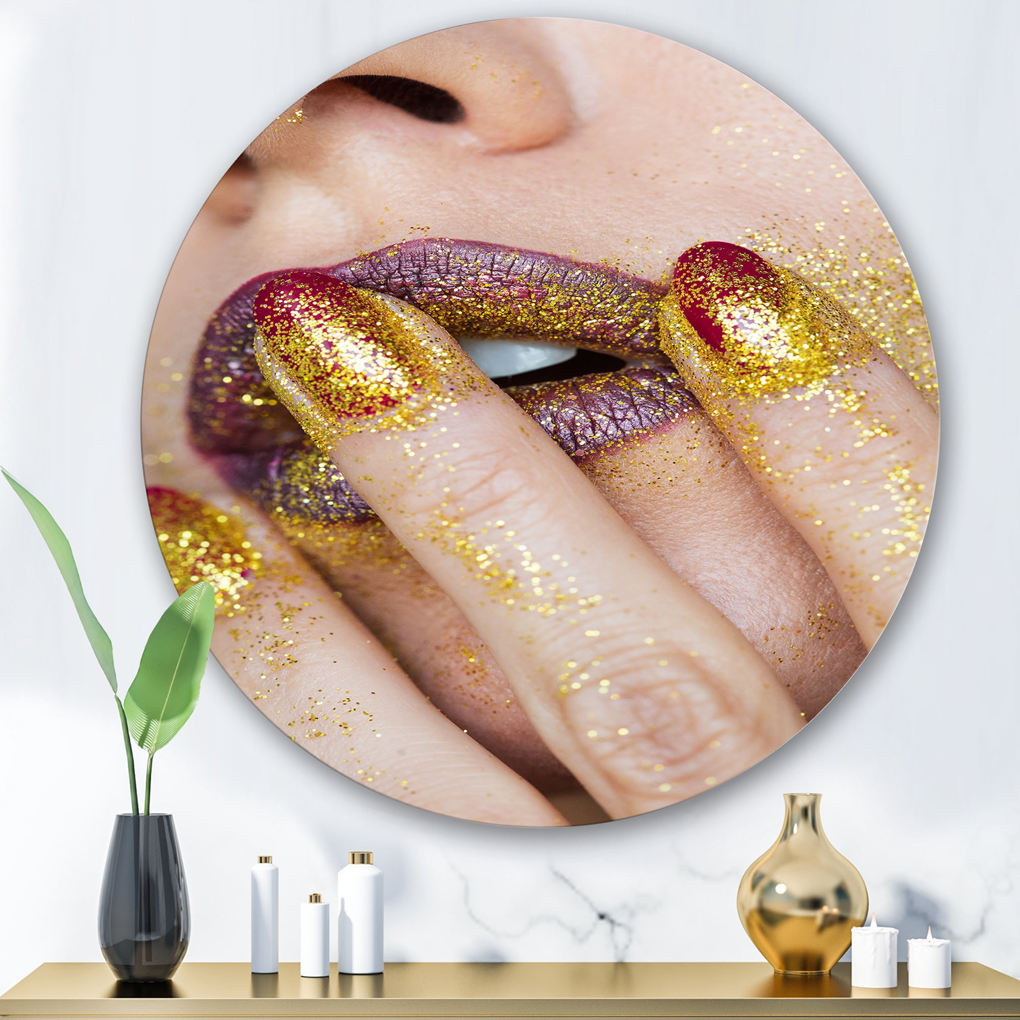 Designart 'Close-Up Of Woman Golden Gold Glitter Lipstick' Modern Circle Metal Wall Art 29x29 - Disc of 29