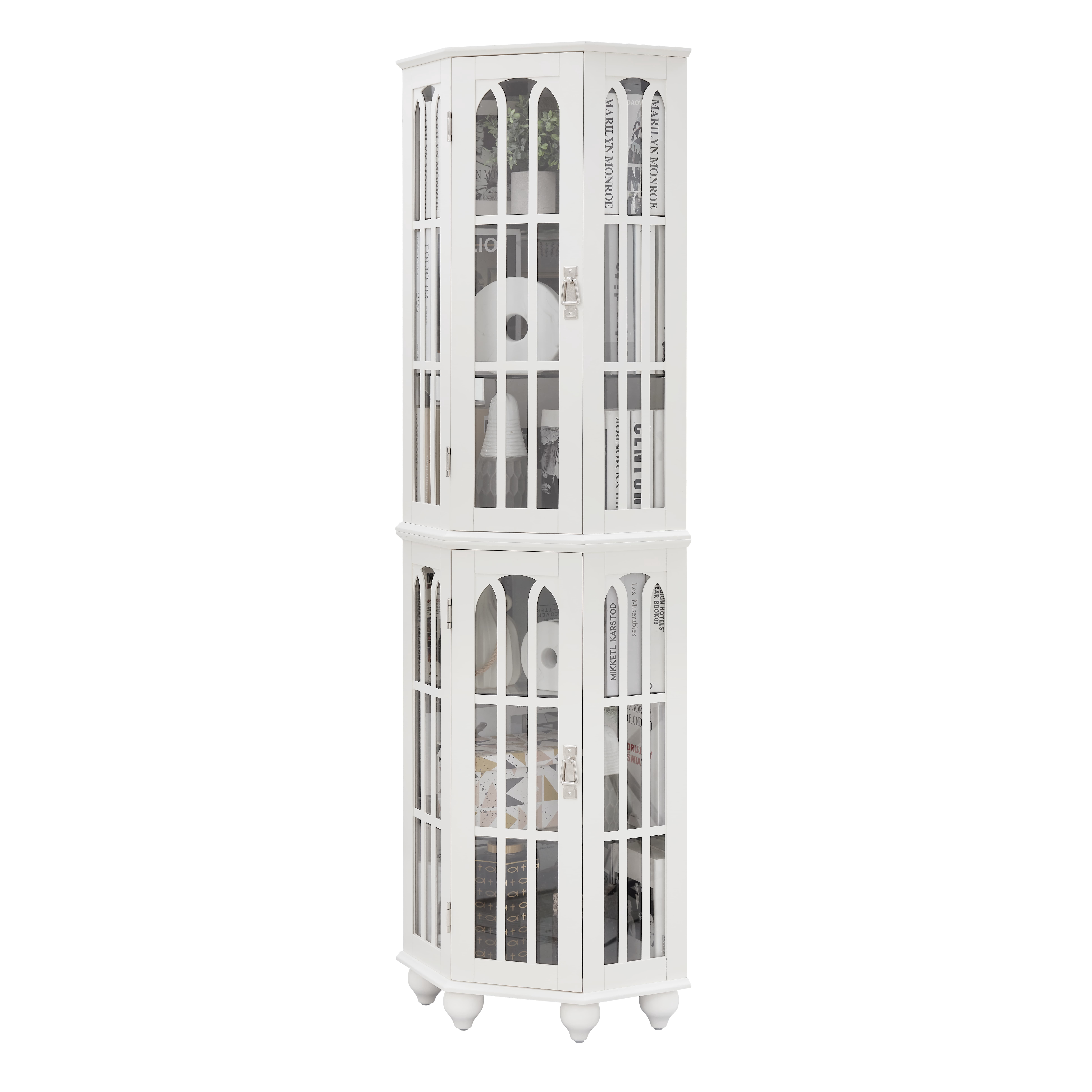 mayceyee Lighted 3-Side Corner Cabinet, 72" Tall Curio Display Cabinet with 4 Adjustable Tempered Glass Shelves, Curved Wood Corner Storage Decoration Rack for Living room & Bedroom Loraine (White)