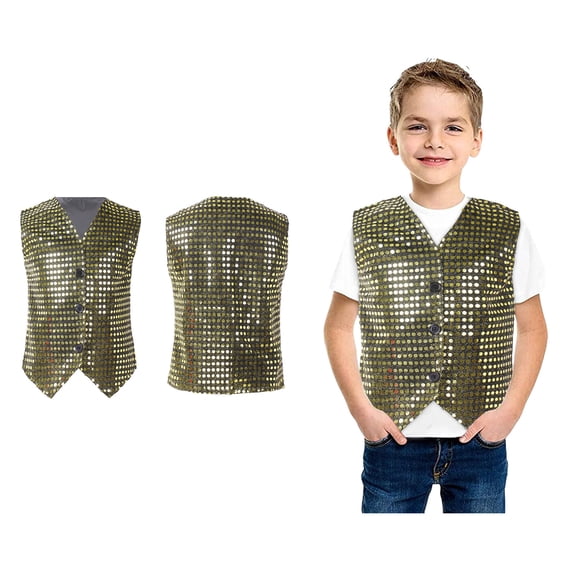 Tween Boys Shiny Sequins Vest Sleeveless Button Down Waistcoat Tops for Latin Jazz Hi Hop Performance 10-12 Years