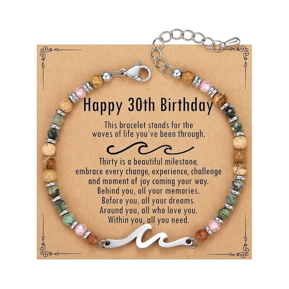 30th Birthday Bracelet for Her, Multicolor Bead Bracelet with Wave Charm and Inspirational Message Card, Meaningful Birthday Gift for Daughter, Sister, Wife, Girlfriend or Friend