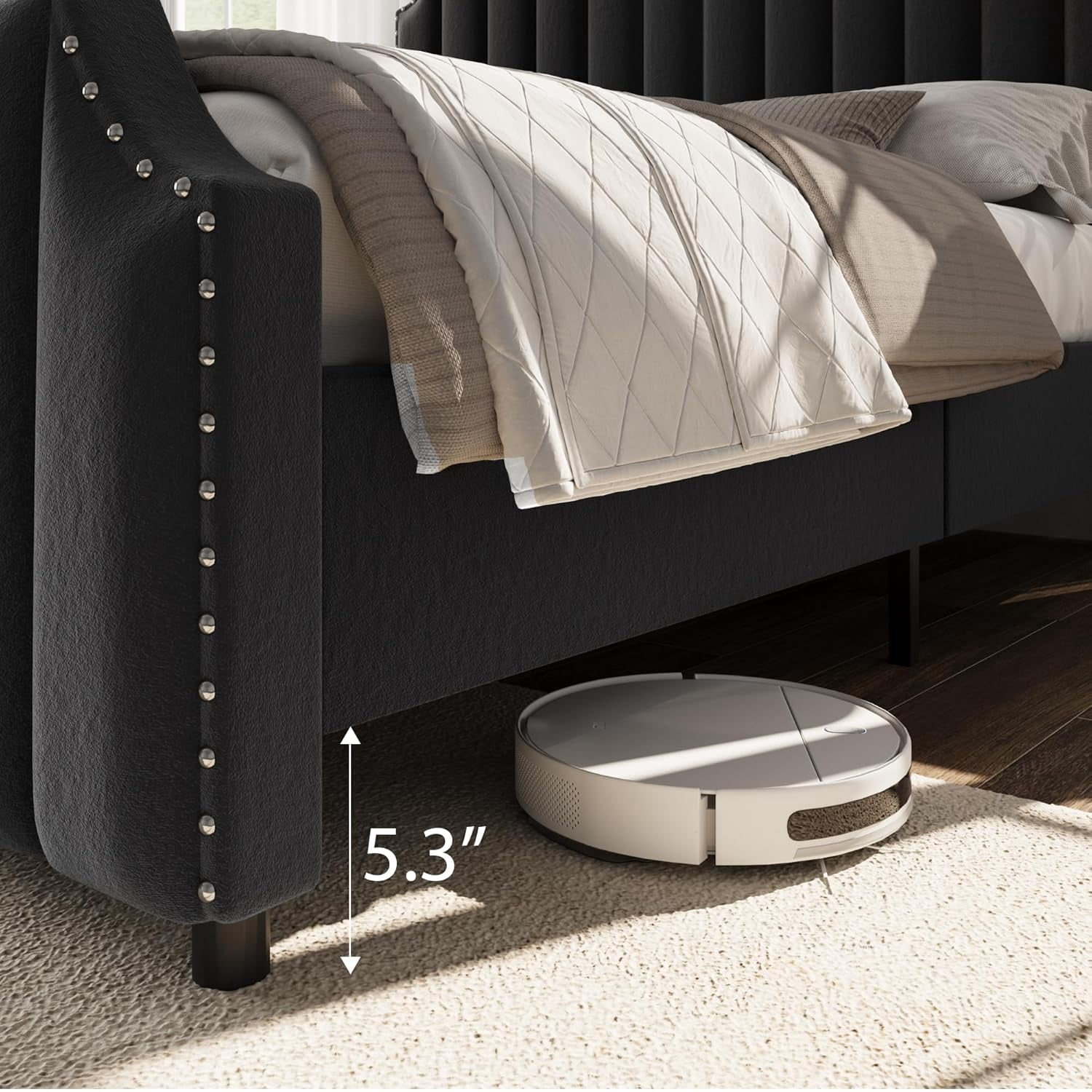 Queen Size Platform Bed Frame with 50.2 in Tall Headboard, Velvet Upholstered Bed Frame Queen with Vertical Channel Tufted Headboard & Footboard, Nailhead Trim, No Box Spring Needed, Black