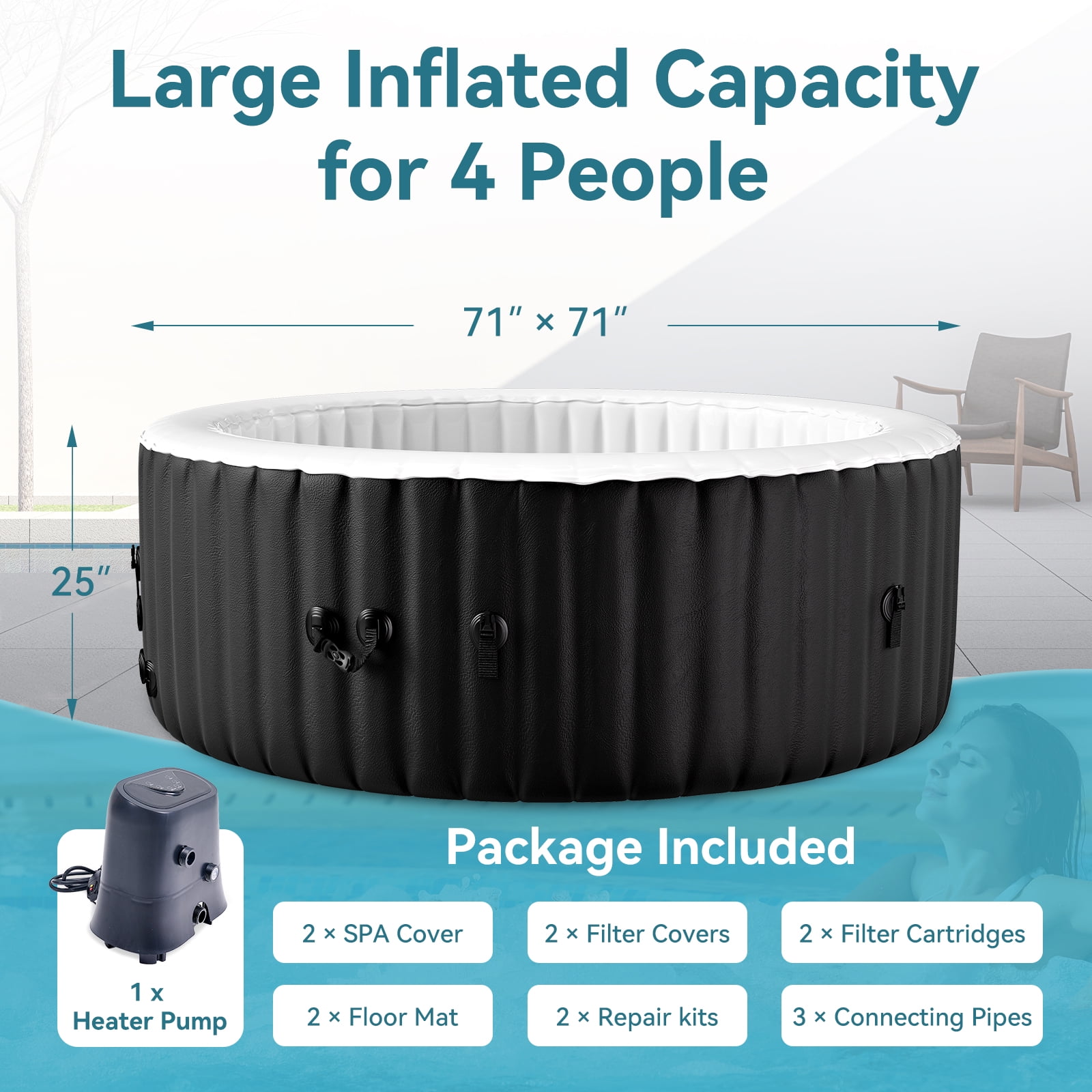 MOPHOTO Hot Tub - 71” X 71” X 25” Inflatable Hot Tub, 2-4 Person Portable Blow Up Hot Tub Square Portable Outdoor Spa with 130 Bubble Jets and Built in Heater Pump, Filter