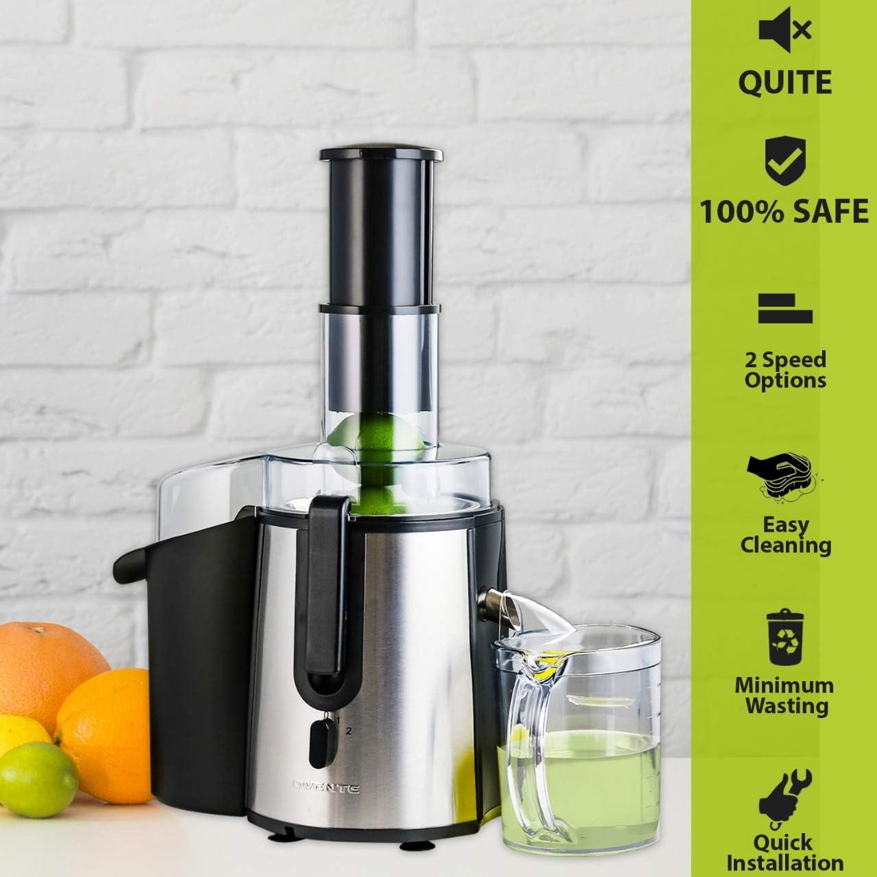 OVENTE Electric Cold Press Juicer Extractor Machine for Citrus Fruit or Vegetable, 3 Inch Feed Chute Stainless Steel Cutting Disc, 700 Watt Easy Clean Squeezer for Fresh Orange Juice, Silver JE7607BR