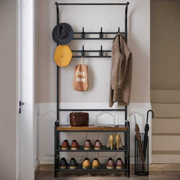 4-in-1 Hall Tree Storage with Bench for Entryway, 8 Sturdy Hooks, Freestanding Coat Rack