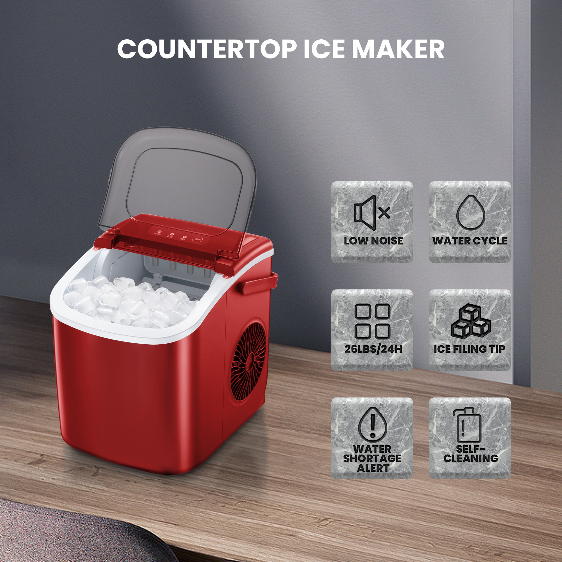 PanHuiWen Small Countertop Ice Maker 9 Cubes Ready in 8 Mins 26lbs in 24H  Mini Ice Maker Machine 2 Sizes of Bullet Ice for Home Kitchen,Office,Bar,Red