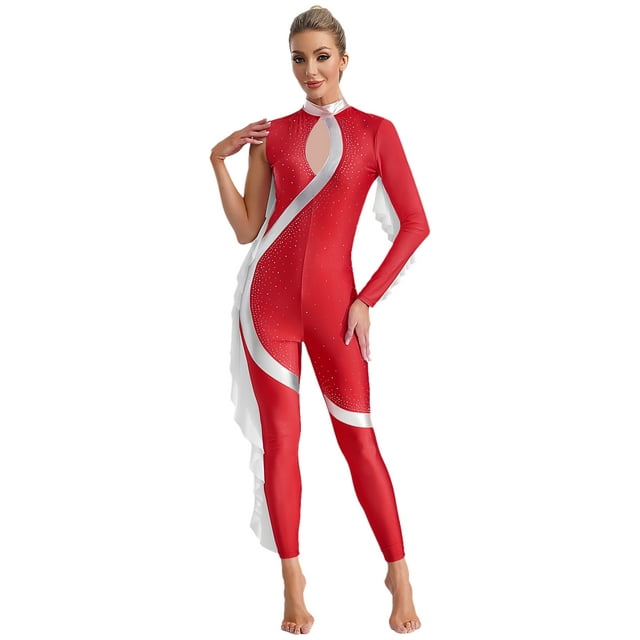 Kaerm Combinaison de Performance de Gymnastique Acrobatique pour Femmes avec Strass Métalliques Brillants, Justaucorps Rouge P