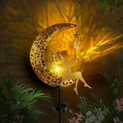 Qoosea Fairy Garden Solar Lights, Fairy Moon Figurine Light Stake, Yard Decorations Outdoor Garden Decor statues, Vintage Gold Lighting