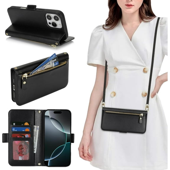 for iPhone 16 Pro Max Wallet Case for Women,Zipper Pocket,PU Leather Phone Case Stand flip Cover Crossbody Lanyard Strap Zipper Credit Card Holder Slots for Apple 16 ProMax,Black