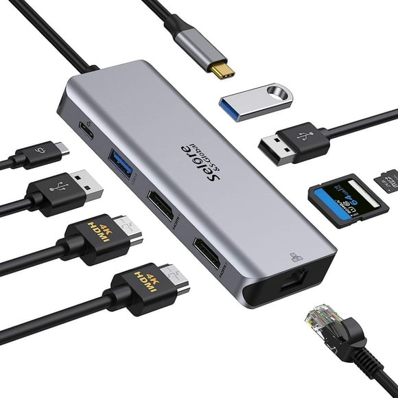 USB C Dual Adapter, USB C Laptop Docking Station 9 in 1 Triple Display Multiport Dongle, Type C Hub with 2 , 100W PD, Ethernet, 3 USB and SD