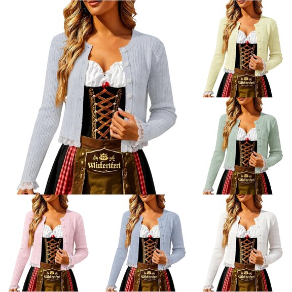 HCYSFG Womens Crochet Cardigan V Neck Button Front Long Sleeve Hollow Out Cropped Fit Knit Sweater Oktoberfest Layering Tops