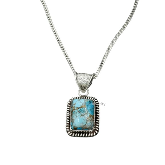 Solid 925 Sterling Silver Necklace For Women, Genuine Blue Copper Turquoise Rectangle Gemstone Unique Handcrafted Necklace For Her