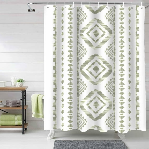 Fabric Shower Curtain for Bathroom, Boho Green White Custom Shower Curtain Set with Hooks, Luxury Bathroom Curtains, Bohemian Teal Stripes Waterproof Polyester Bathroom Accessories, 54x78inch