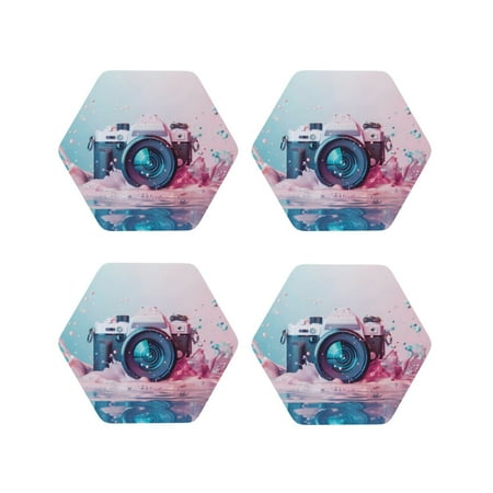 

Leather Coasters Set of 4 - Vintage Camera Splash Art Lightweight Non-Slip Drink Coasters for Desk Anti-Scalding Desk Cup Coasters for Office Table Decor Hexagon