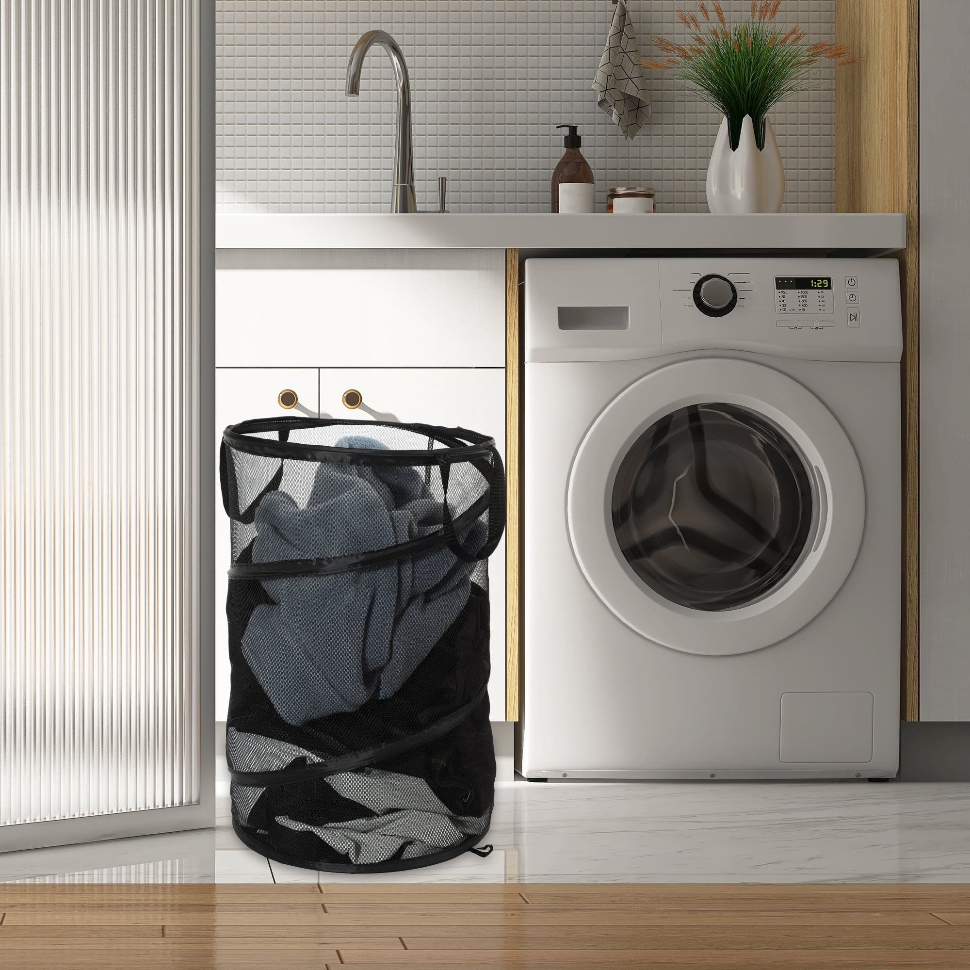 Unique Bargains Folding Laundry Basket for Bathroom 1 Pc Black-30L
