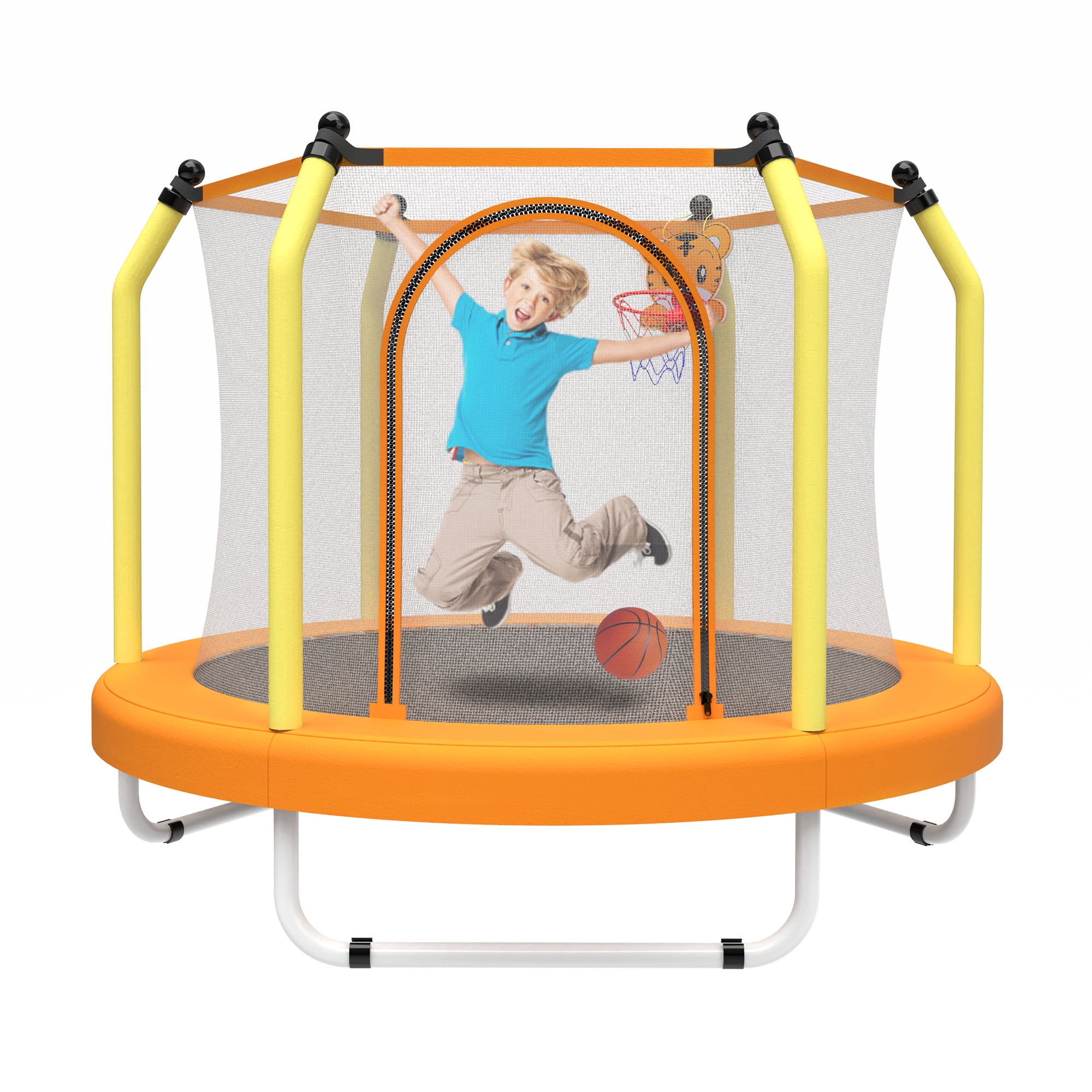Leumius 55inch Trampoline for Kids, Outdoor Mini Trampoline with Enclosure and Basketball Hoop, Yellow