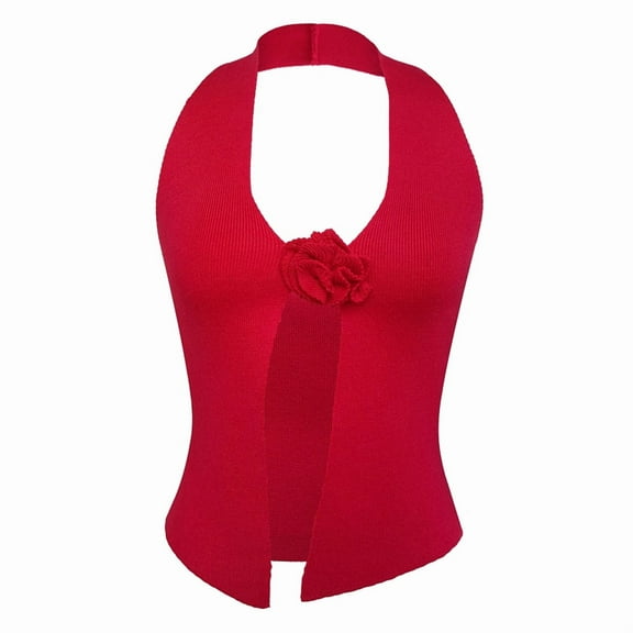 Women Halter Neck 3D Floral Rib-Knit Top Tank Y2k Sleeveless Backless Open Front Slim Fit Sweater Vest Red S