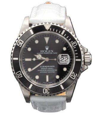 Pre-Owned Mens Rolex Stainless Steel Submariner Watch Black Dial White Band 16610