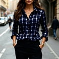 thumbnail image 2 of vdgthytj Button down Shirts for Women Long Sleeve Plaid Lapel Collar Fashion Fall Business Casual Vacation Tops(XX-Large,Navy), 2 of 7