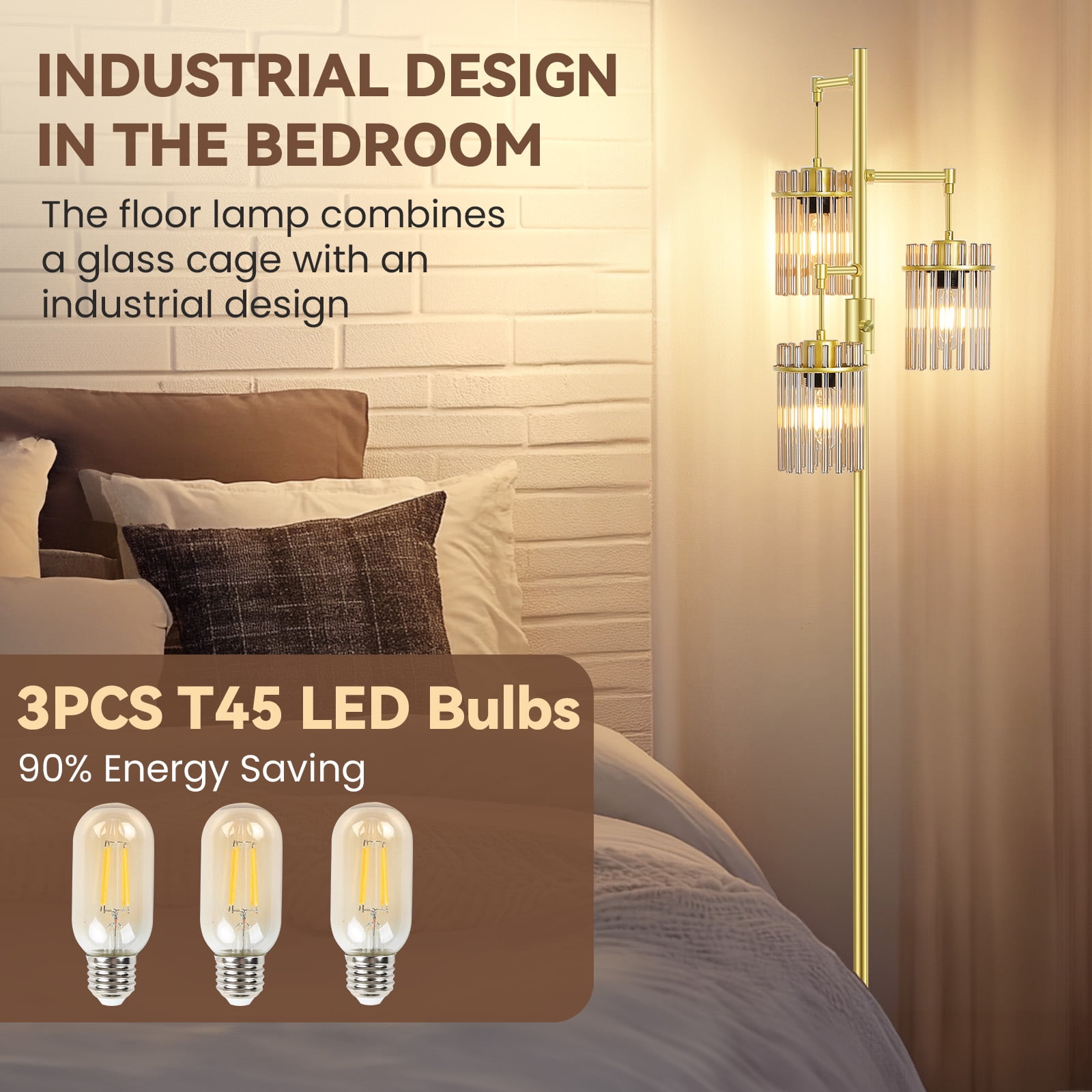 Industrial Modern Floor Lamps for Living Room, Dimmable Glass Tree Standing Tall Lamps with 3 Elegant Teardrop Cage Head & 800 Lumens LED Bulbs for Bedroom Office (Gold)