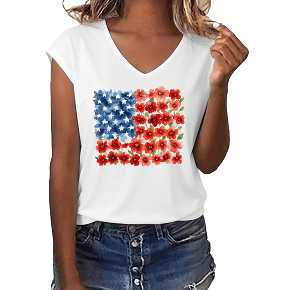 UNISHE Women's Watercolor Floral American Flag Graphic V-Neck Sleeveless T-Shirt Patriotic Summer Casual Tank Top
