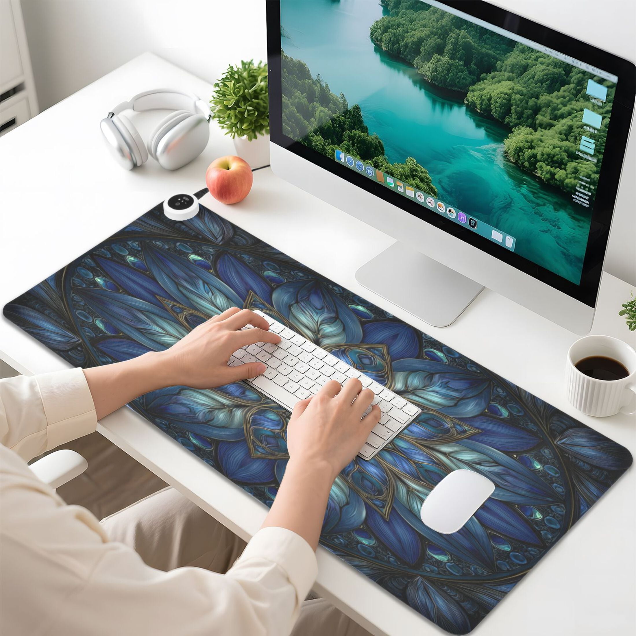 Large Heated Desk Mat Mouse Pad 31.5"x13"PU Leather Graphene Heating Desk Warmer with 3 Temperature Settings 110V US Plug Non-Slip Warm Pad for Home, Office, and Gaming Blue Glass Flower Petals