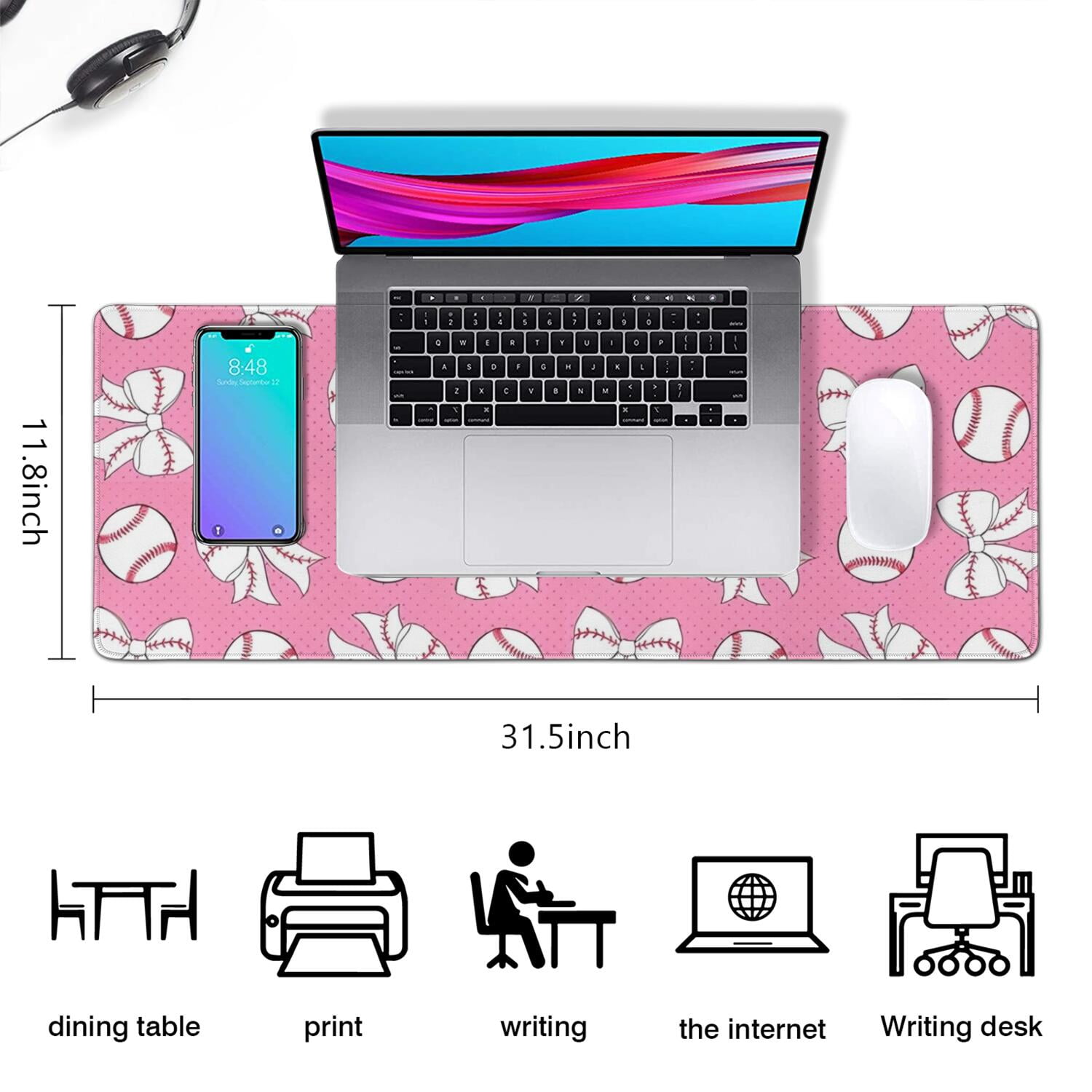 Long Mouse Pads for Desk,Pink Bows and Baseballs Pattern Desk Mats on Top Of Desks, Desk Mouse Pad Extra Large with 3mm Non-Slip Base and Stitched Edge for Gaming,Office,Work,Home 31.5"x11.8"