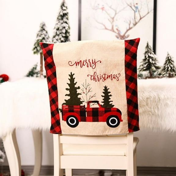 Christmas Dining Chair Covers Slipcovers, Red Truck Christmas Tree Chair Seat Back Covers Protector for Holidays, Home Party, Hotel Decoration