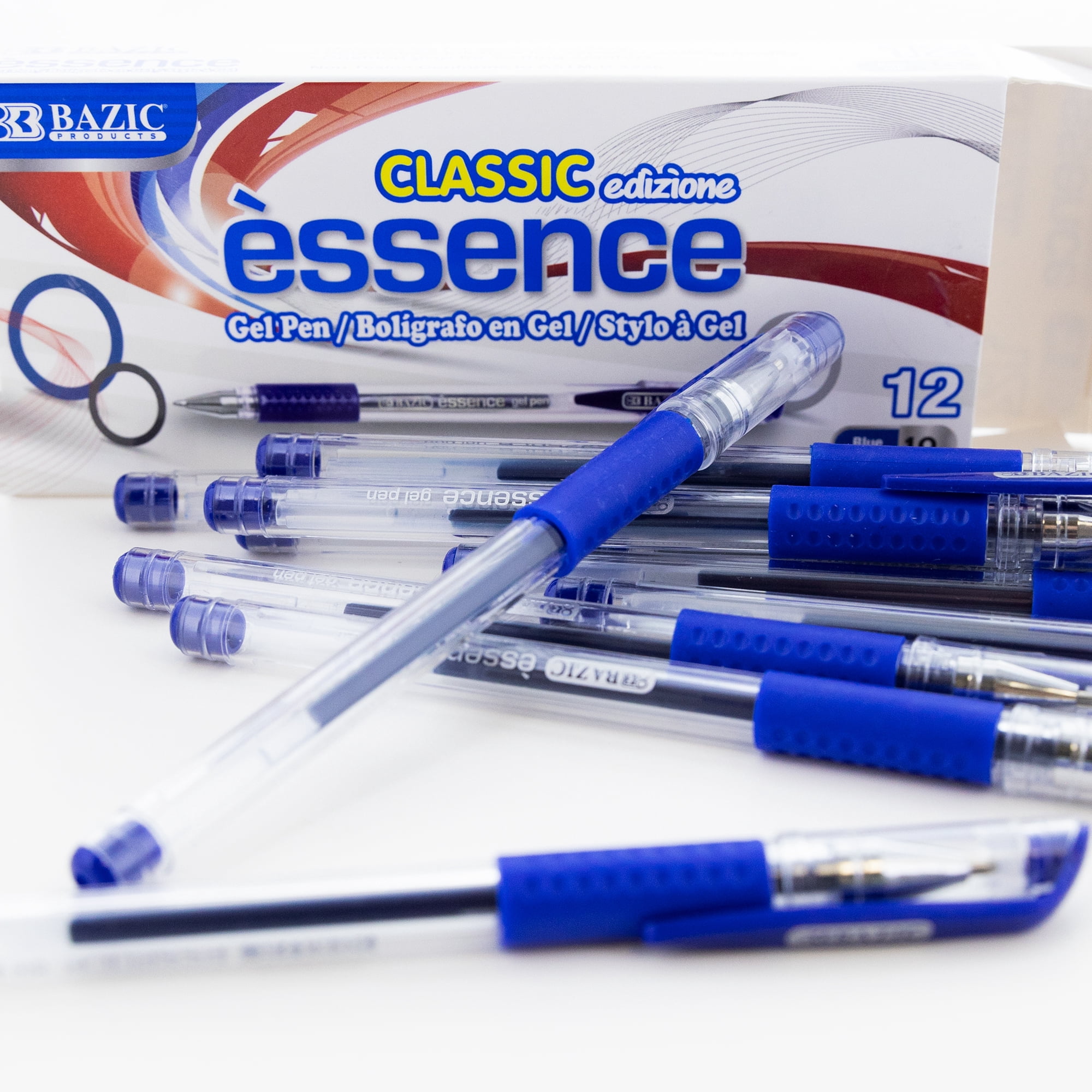 BAZIC Essence Gel Pen, Medium Point 1.0mm Blue Pen, Comfort Grip, 12 Count, 4-Packs