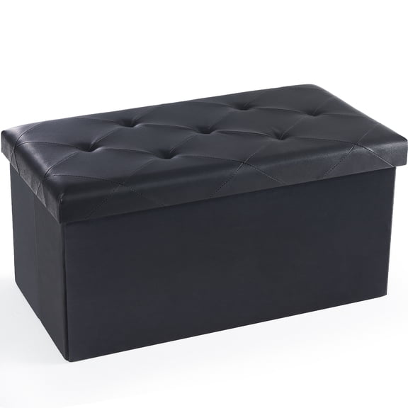 Gianna 30 Inches Folding Ottoman with Storage Bench, Foot Rest Stool, End of Bed Storage Bench Upholstered, Load 660 lbs, for Living Room, Synthetic Leather, Black