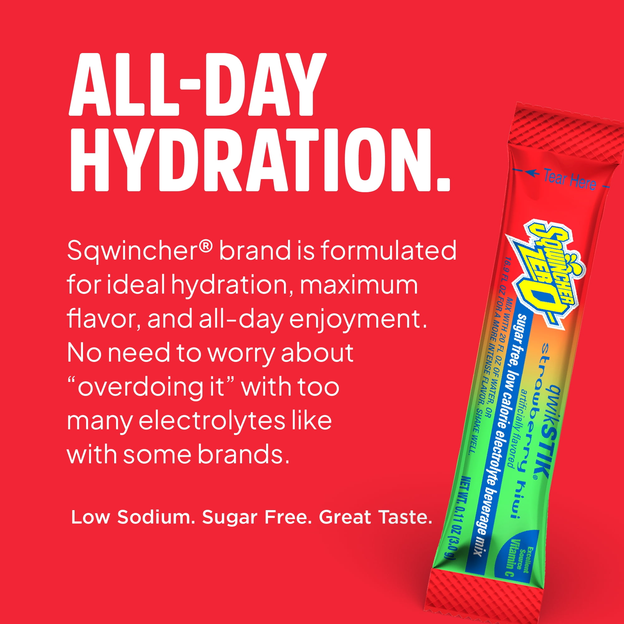 Sqwincher Zero Electrolyte Powder Packets Qwik Stik  Sugar Free Drink Mix, Strawberry Kiwi, 0.11 oz, Makes 20 oz, 50 Sticks per Pack