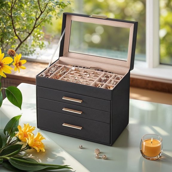 LEDREM 4-Layer Jewelry Box Organizer with Glass Lid, 3-Drawer Velvet Lined Storage for Rings Necklaces, Graphite Black and Gold