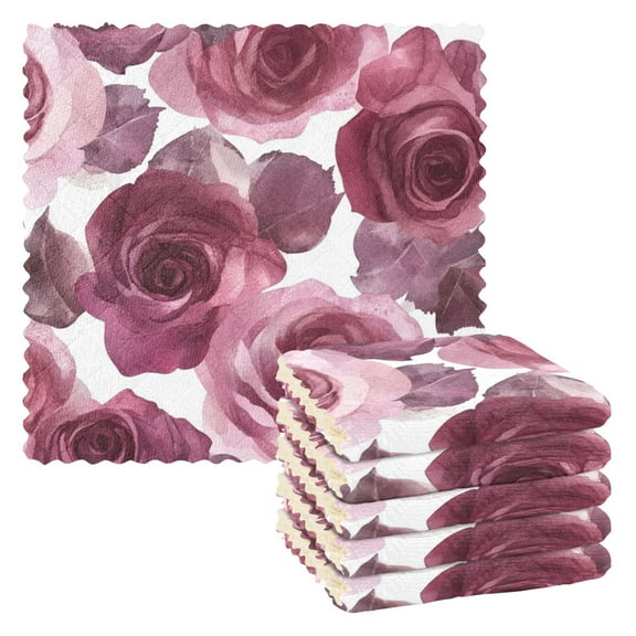 6 Pieces of Kitchen Towels 11x11Inch Kitchen Dish Cloths Kitchen Dish Towels Reuseable Cleaning Cloths Maroon Roses