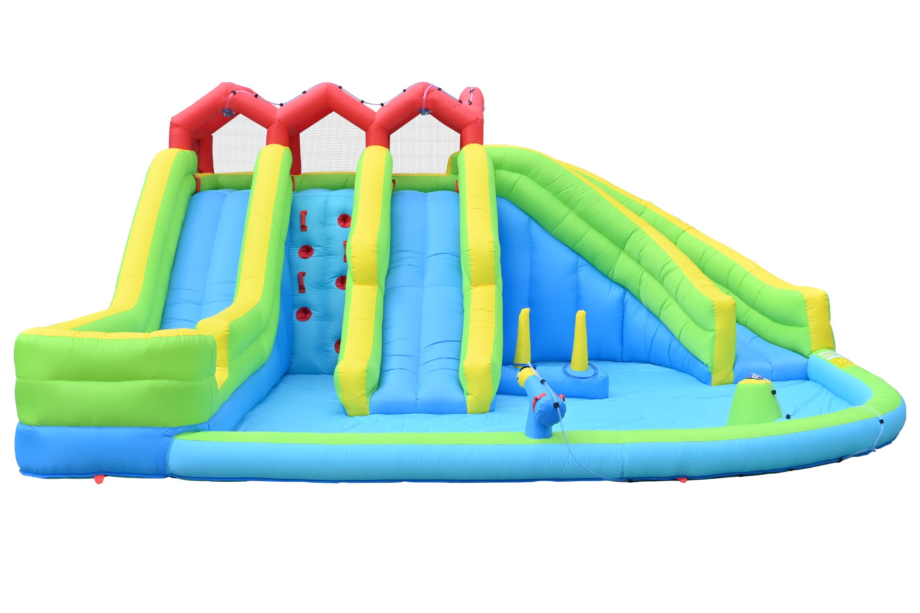 7 in 1 Inflatable Water Park Three Slide with Blower Water Gun Sprinkler Fountain Climbing Wall for Children