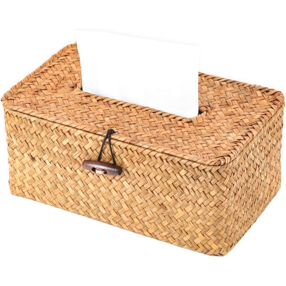 Wicker Woven Tissue Box Cover, Decorative Rattan Facial Tissue Holder, Vintage Seagrass Rectangular Napkin Holder Pumping Paper Case Dispenser for Bathroom, Bedroom, Shelves, Living Room (Honey Brown)