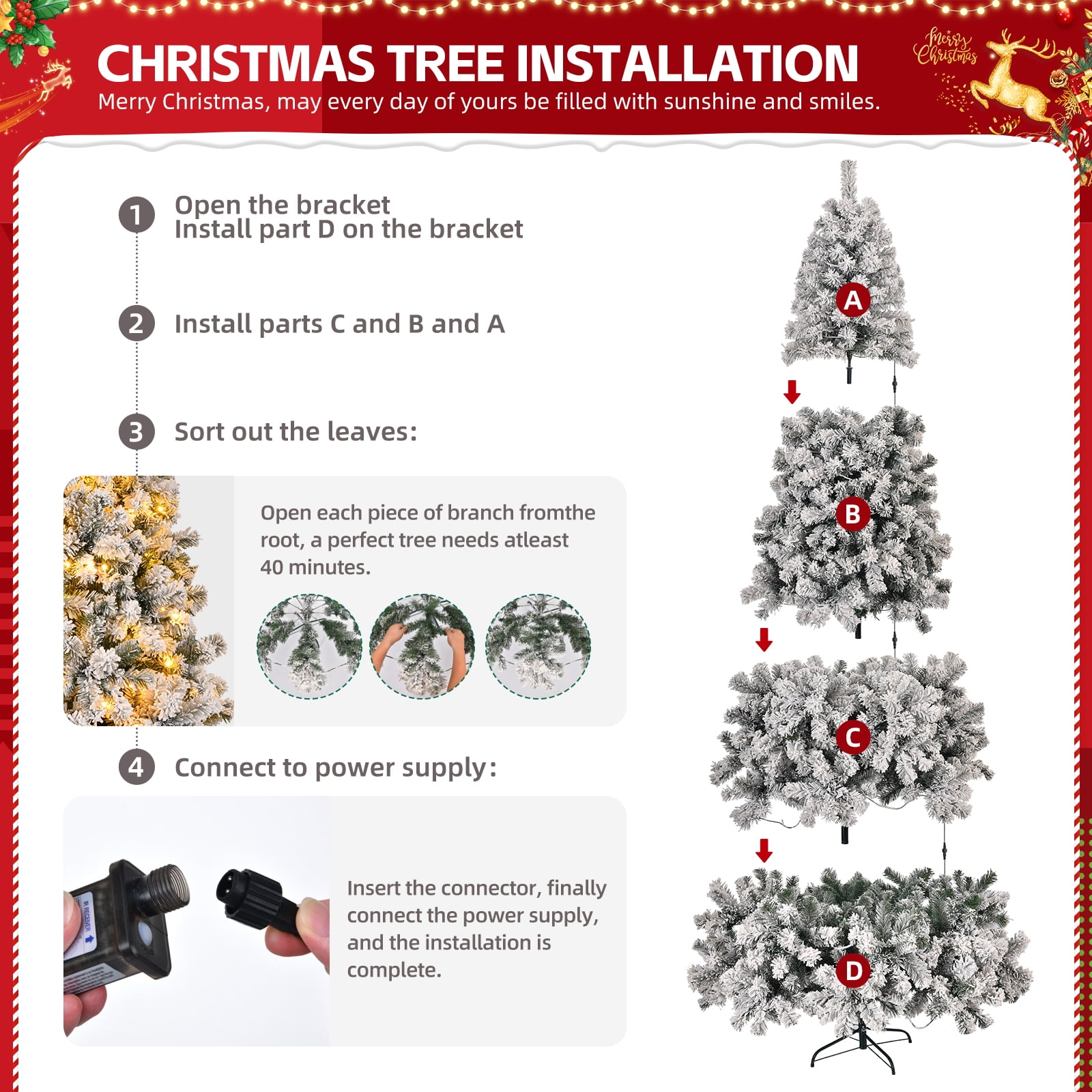 8 FT Snow-Flocked Pre-Lit Christmas Tree 1300 PVC Branch Tips 500 LEDs and Remote 11 Modes Stepless Dimming 3-Step Setup for Holiday Party Office Home Snowy Green