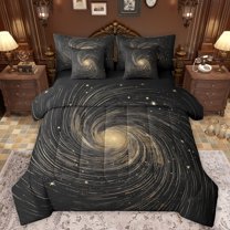 Manfei Natural Landscape 7pcs Bedding Comforter Set,Galaxy Starry Night Queen Bedding Sets,Black Gold Queen Sheet Sets For Kids,Luxury Bedroom Decor Reversible