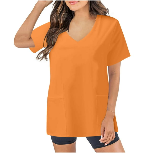 Blouse Médicale à Col en V pour Femmes, Extensible, Résistante aux Plis, avec 2 Poches, Confortable, Légère, Manches Courtes, Couleur Unie, Orange