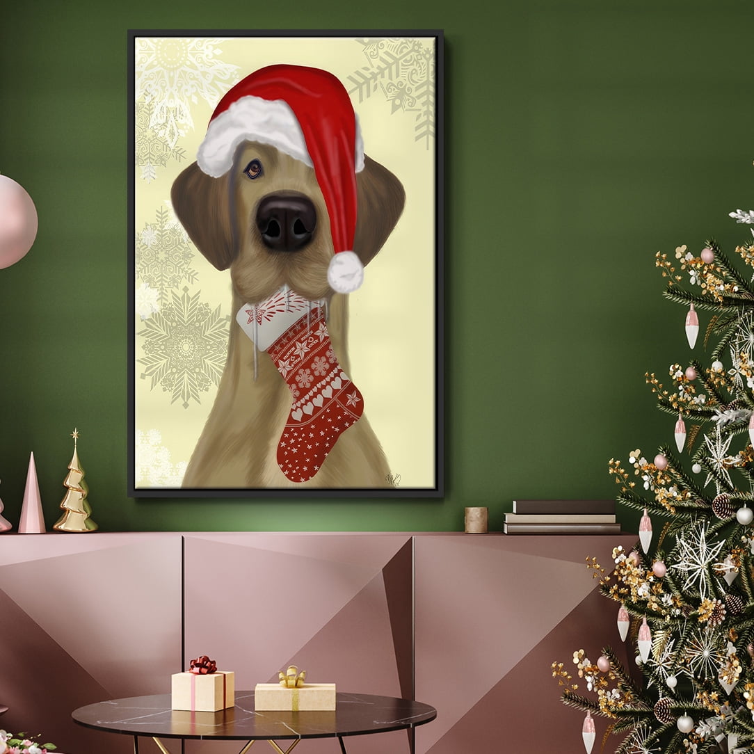 Christmas Drooly Christmas Dane - Framed Gallery Wrapped Holiday Canvas - 27 x 41 - Black Frame