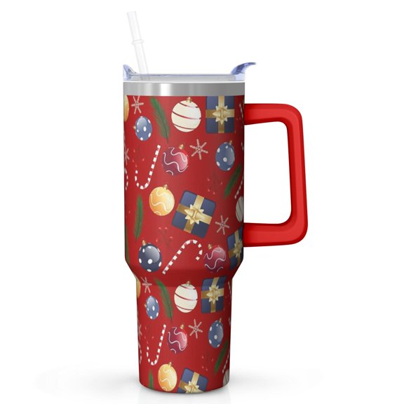 40oz Holiday Tumbler with Straw and Handle, Classic Red and Green Plaid Christmas Stainless Steel Cup Gifts