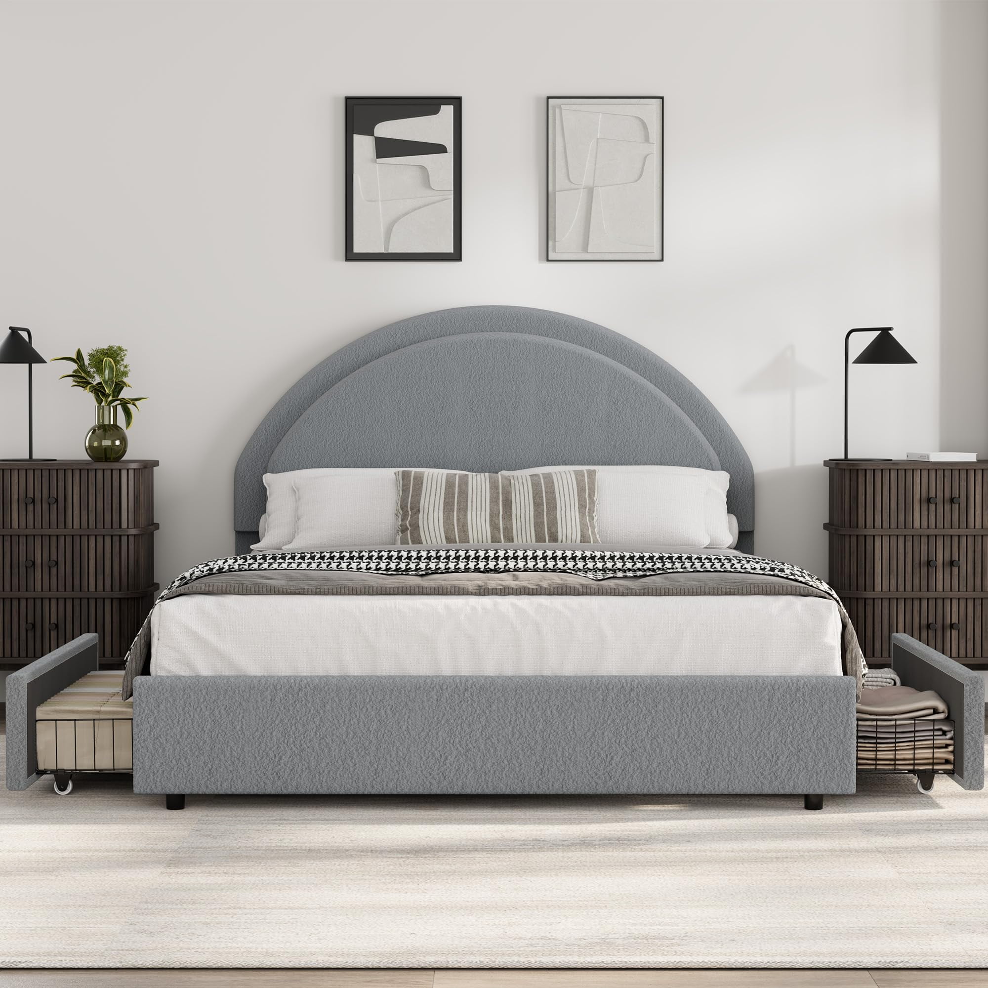 Twin/Full/ Queen Size Bed Frame with Storage Drawers, Upholstered Boucle Platform Bed with Round Headboard, Heavy Duty & Noise Free, No Box Spring Needed