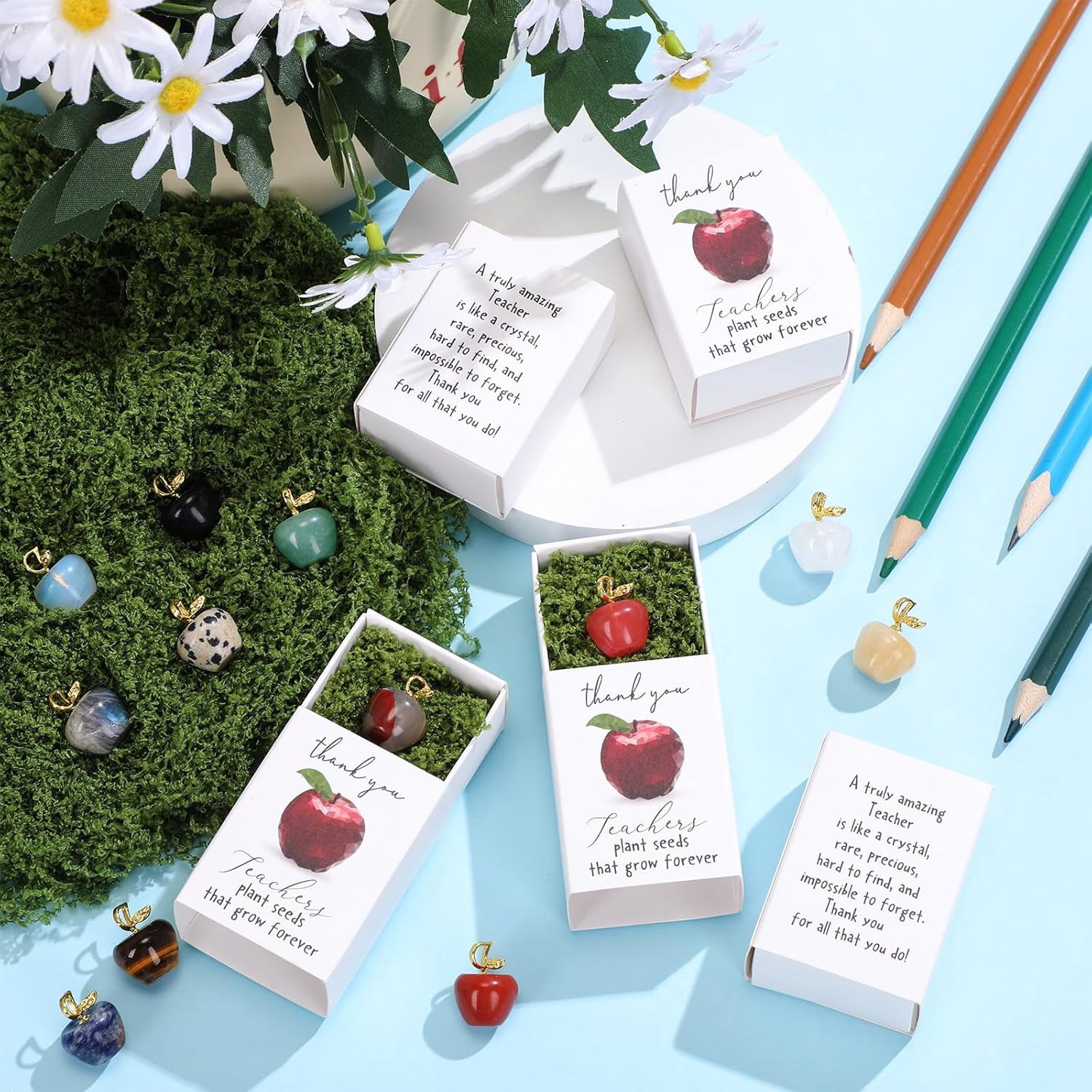 12 Sets Teacher Appreciation Gifts Bulk, Mini Crystal Apple Stone Desk Decor with Matchbox and Green Moss, Thank You Paperweight for Women Men (12 Pcs)