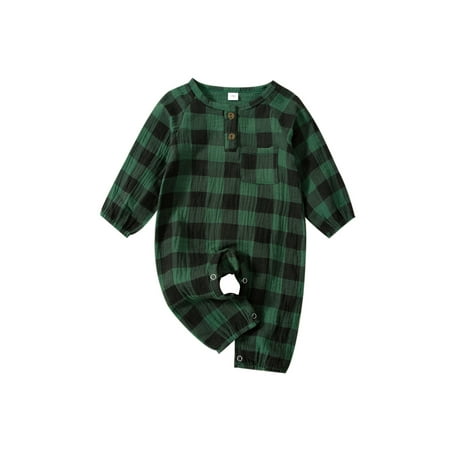 

aturustex Baby Girl Boy Casual Plaid Romper Round Neck Cotton Linen Button Closure Bodysuit