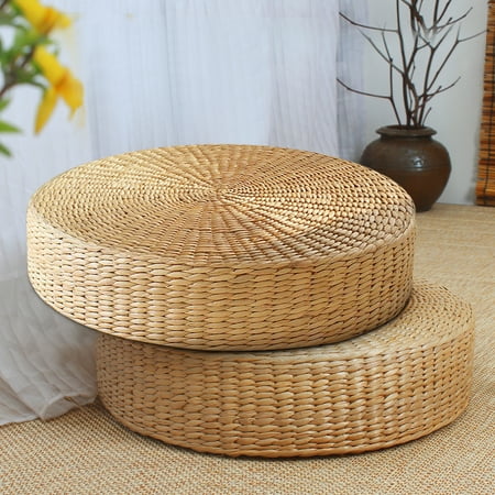 - 2PCS Tatami Cushion Chair Seat 16'' Round Straw Weave Pillow Home Floor Yoga Mat Handmade Natural Straw